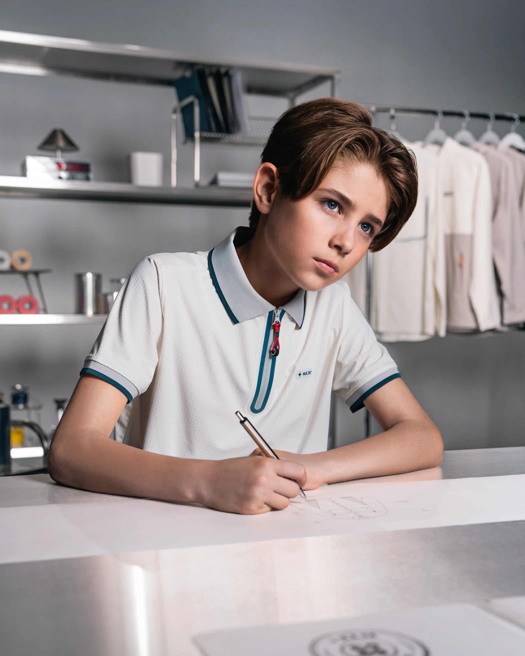 Child drawing in a MAJA Kids polo