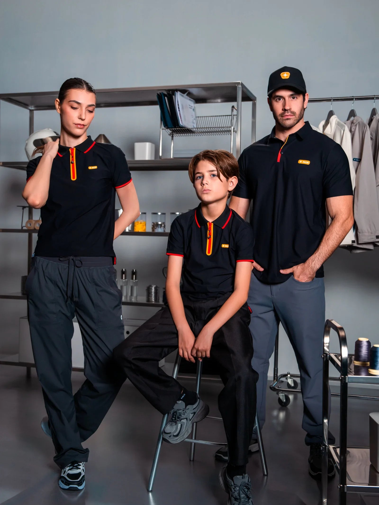 Family wearing polos from the collection