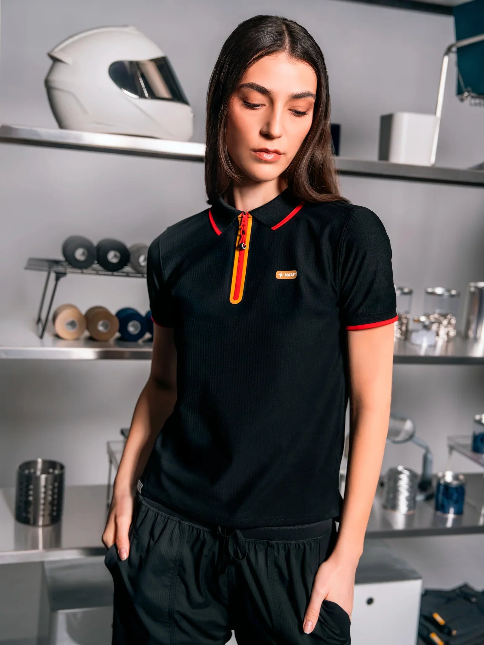 Black polo with contrast zipper